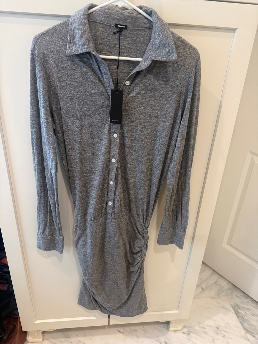 Monrow Grey Long-Sleeve Button-Front Casual Shirt Dress